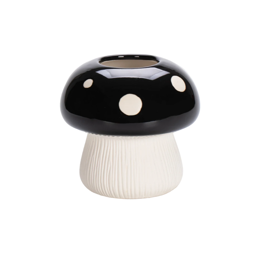 HOMELIVY black ceramic mushroom vase with white polka dots and a textured stem for cottagecore home decor.