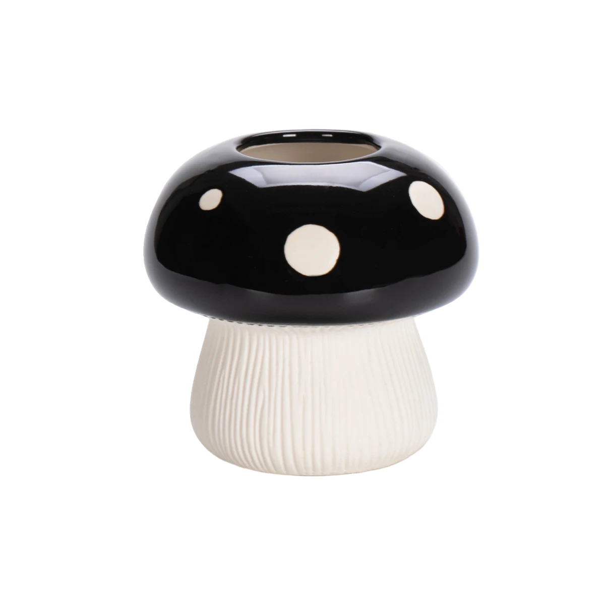 HOMELIVY black ceramic mushroom vase with white polka dots and a textured stem for cottagecore home decor.