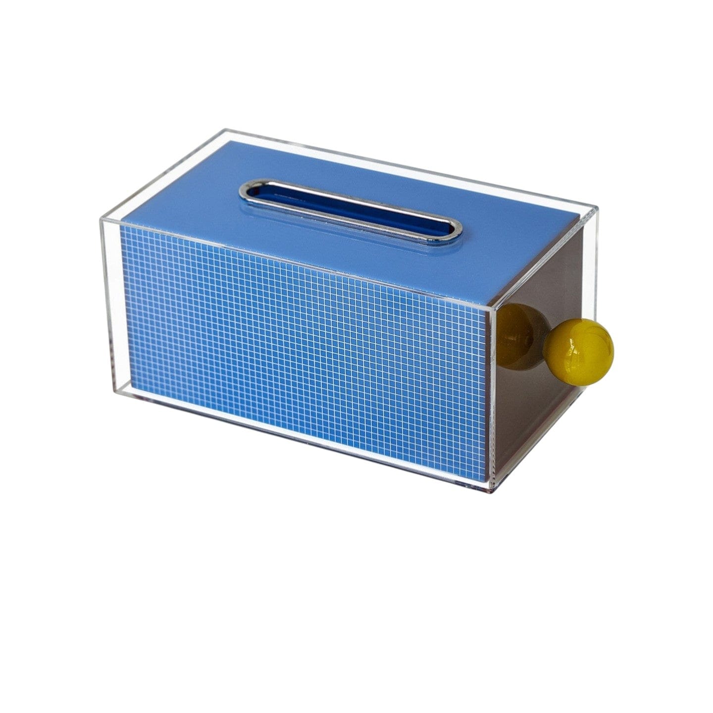 HOMELIVY retro blue acrylic tissue box holder with grid pattern and yellow ceramic knob detail.