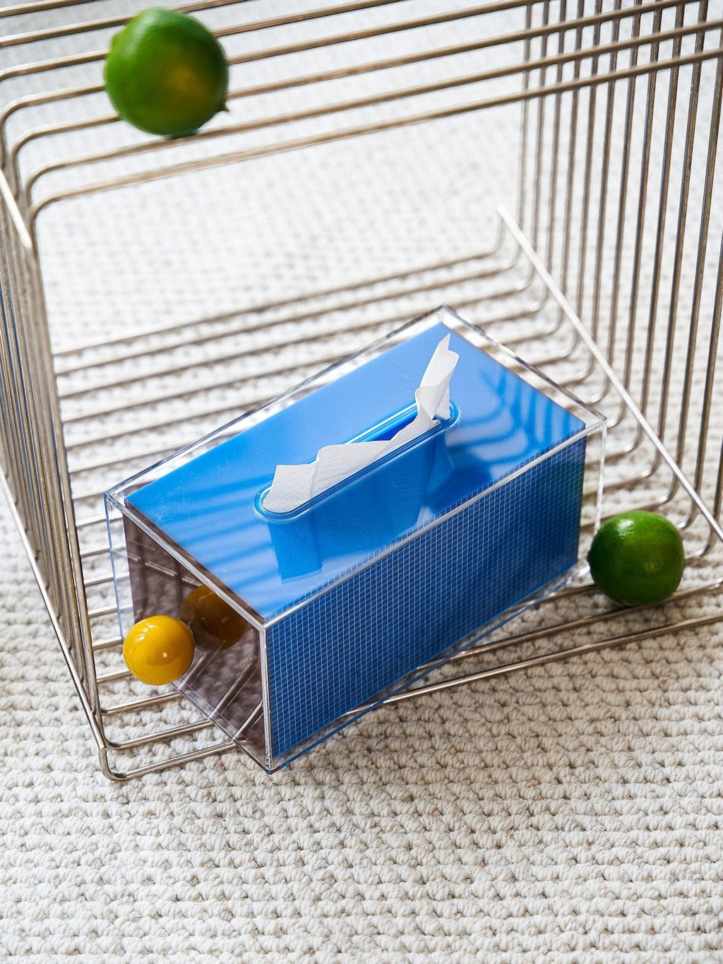 HOMELIVY blue acrylic tissue box holder with grid pattern and ceramic ball knob, retro Memphis style.