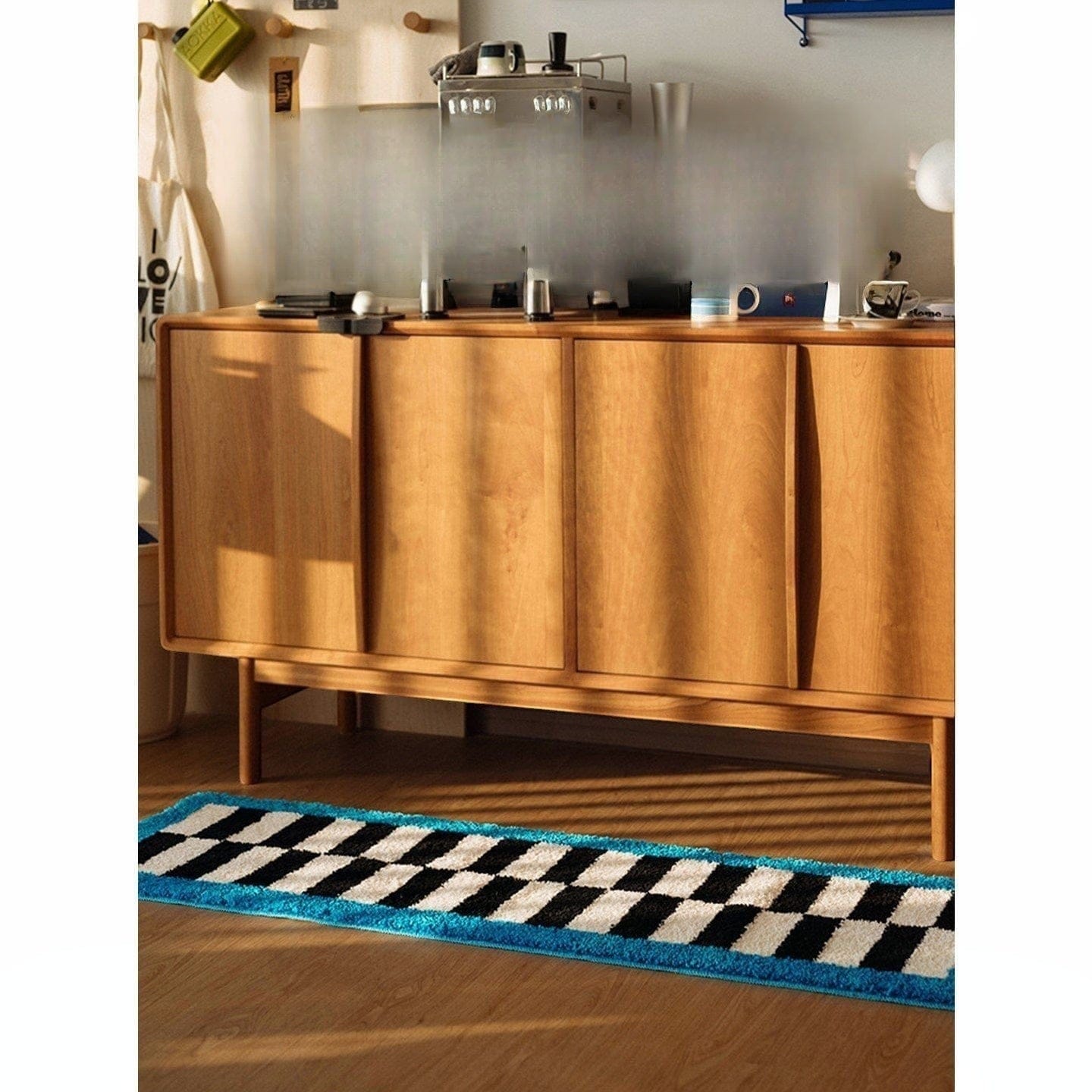 HOMELIVY blue black checker runner rug with electric blue border, 60x180cm. Retro graphic design.
