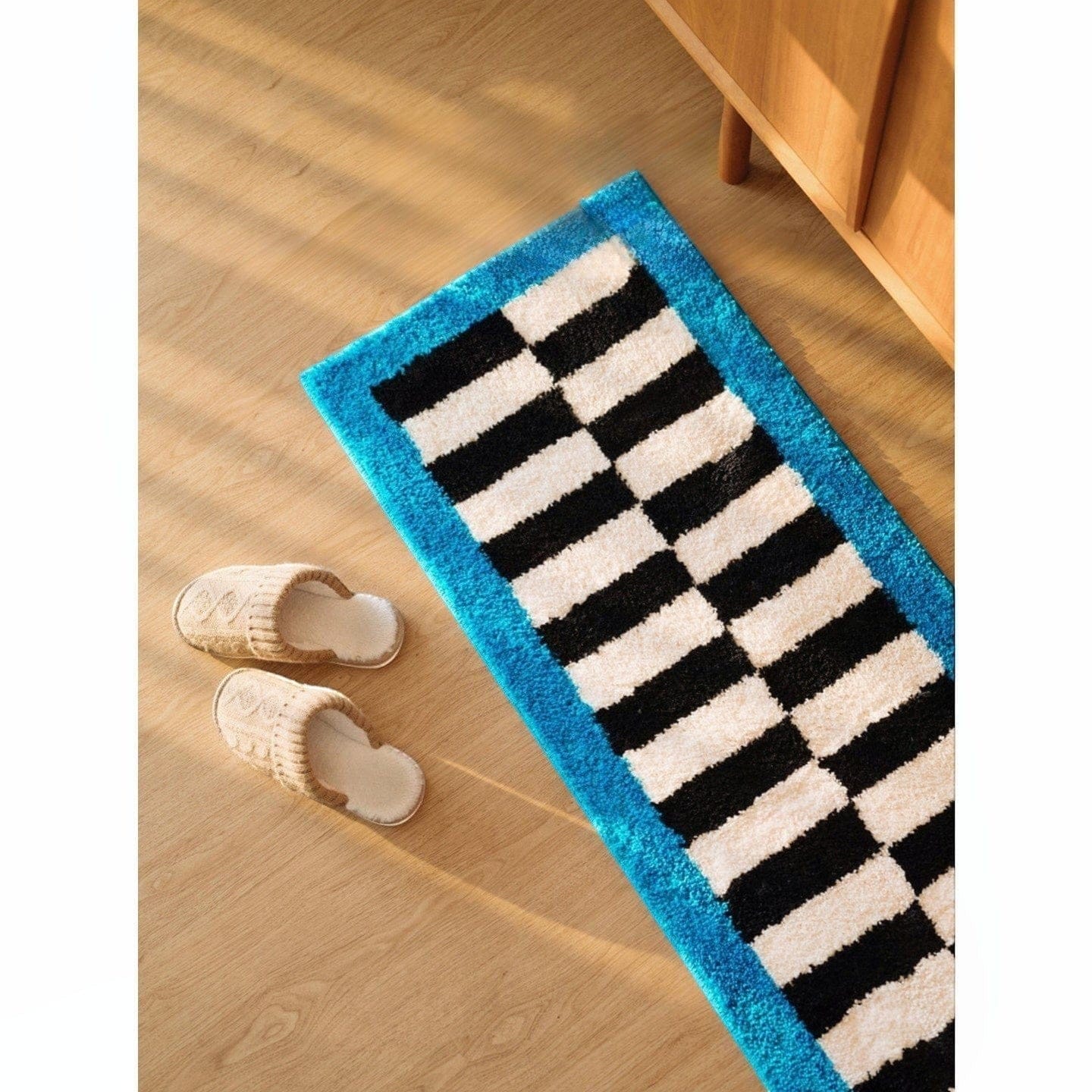 HOMELIVY blue black checker runner rug with plush texture and electric blue border, 60x180cm.