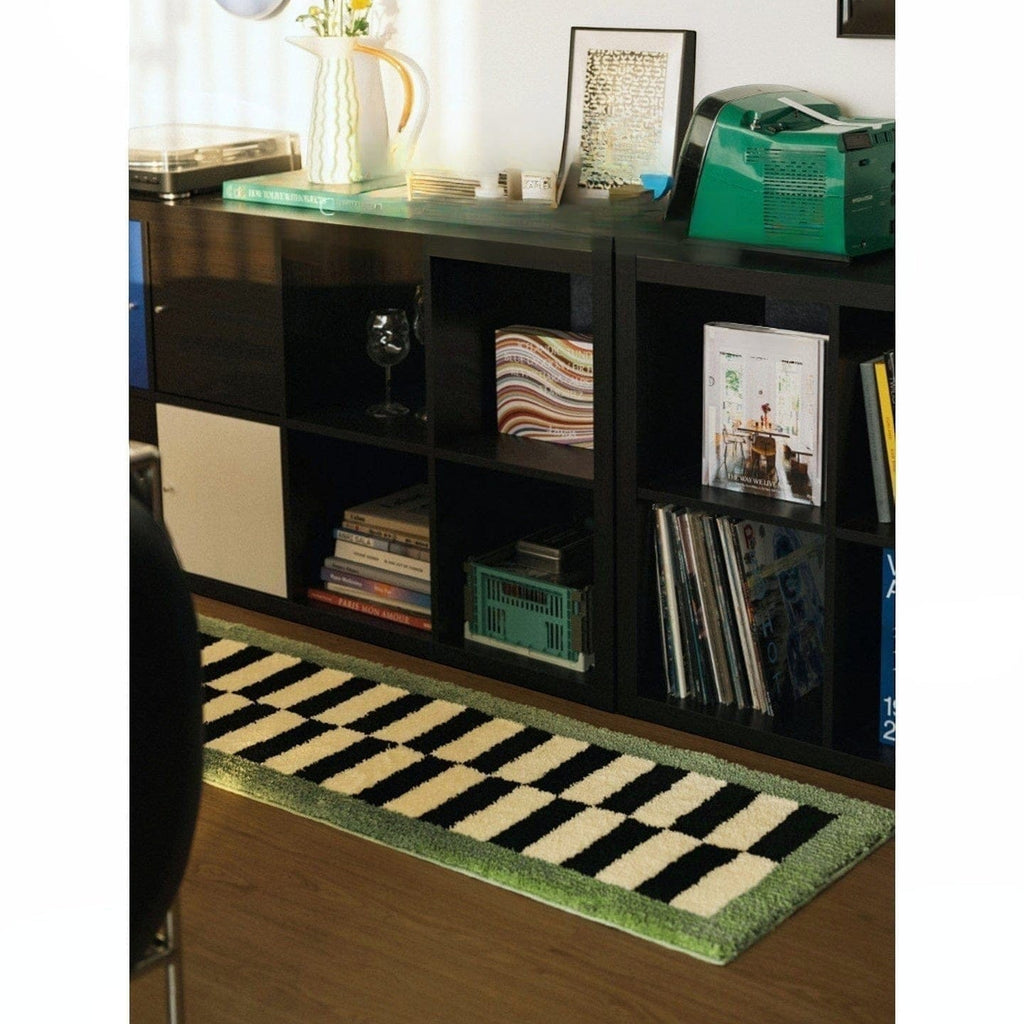 HOMELIVY blue black checker runner rug with electric blue border and soft underfoot. Retro graphic design for hallways or bedrooms.