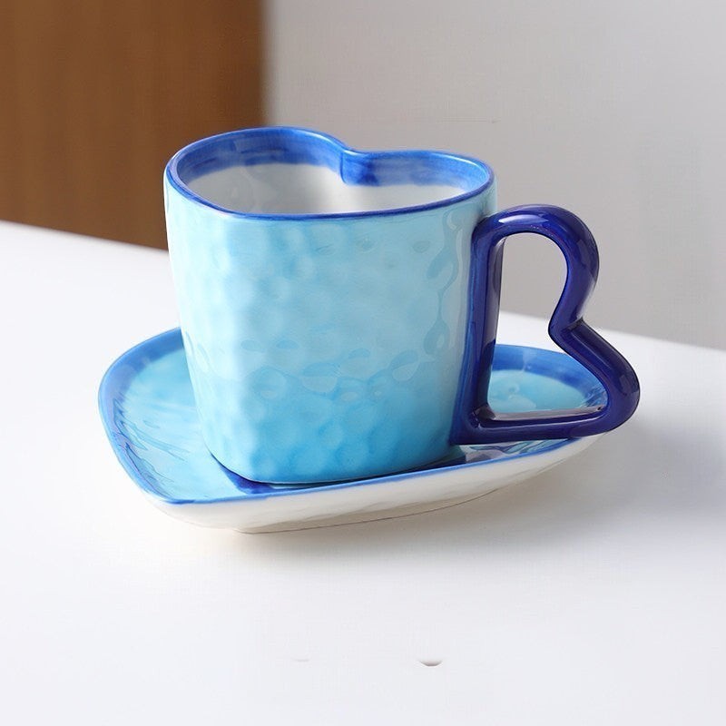Blue Heart Shaped Coffee Mug & Saucer Set, Valentines gift mug set