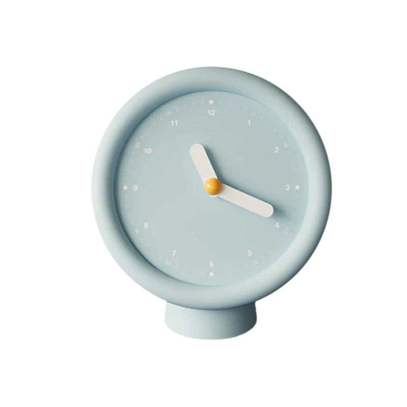 HOMELIVY powder blue minimalist desk clock with white hands and yellow center on pedestal base.