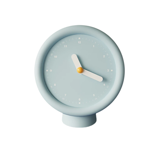 HOMELIVY powder blue minimalist desk clock with white hands and yellow center on pedestal base.