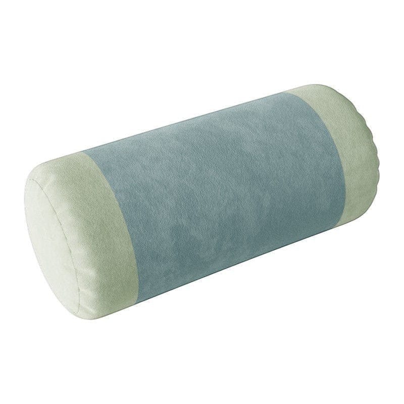 A soft velvet retro striped bolster pillow with a plush blue center and light green ends for lumbar support