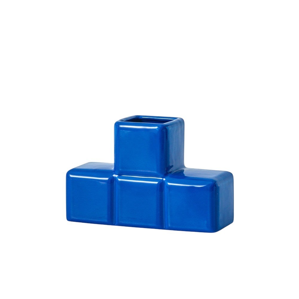 HOMELIVY blue ceramic Tetris-inspired block vase with a glossy finish for modern home decor or desk organization.