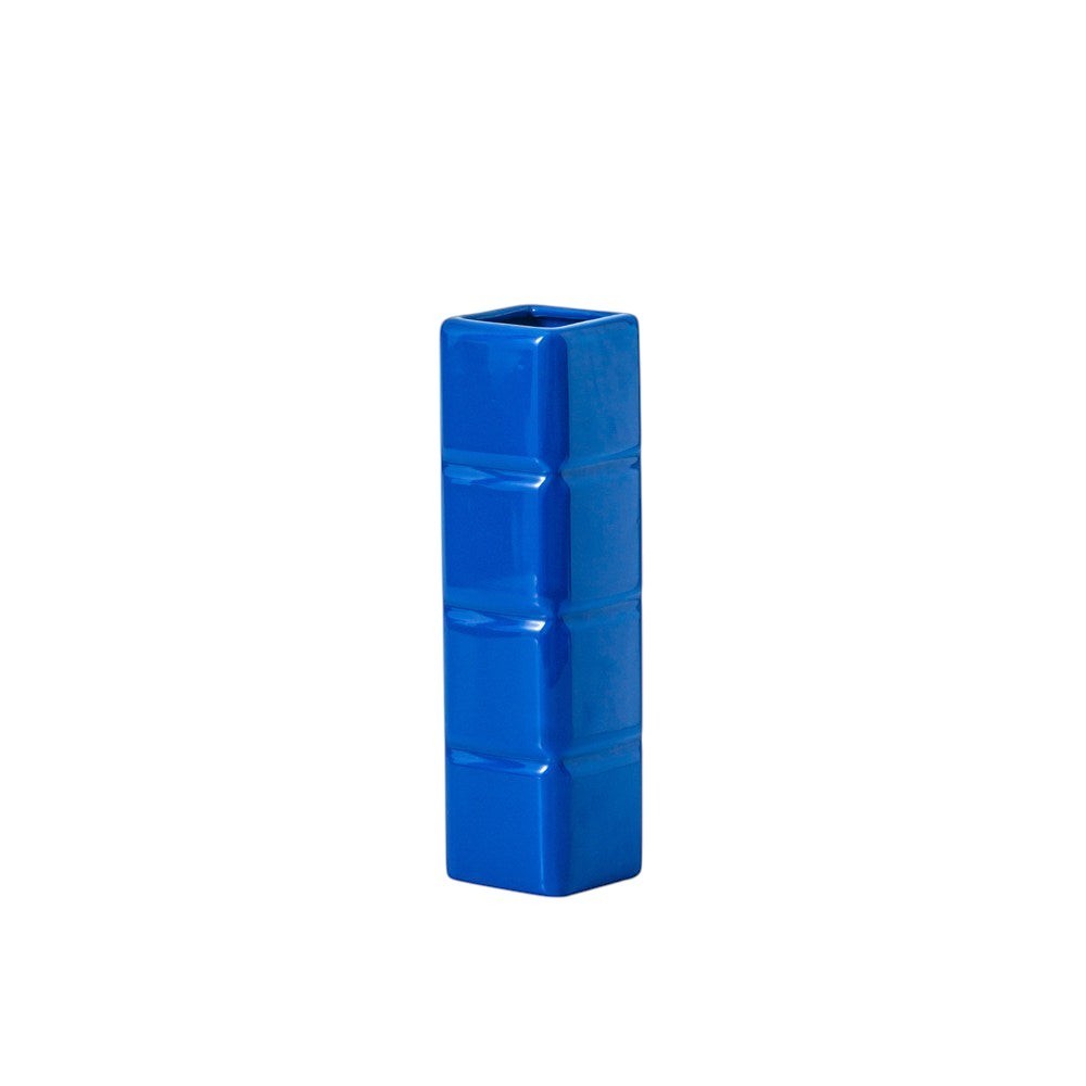 HOMELIVY blue ceramic Tetris-inspired block vase with a glossy finish for modern home decor or desk organization.
