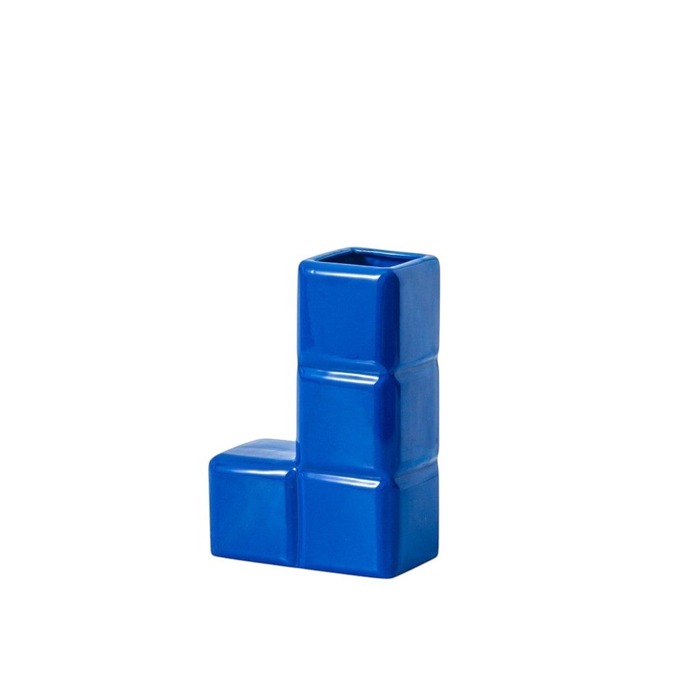 HOMELIVY blue ceramic Tetris-inspired block vase with a glossy finish for modern home decor or desk organization.