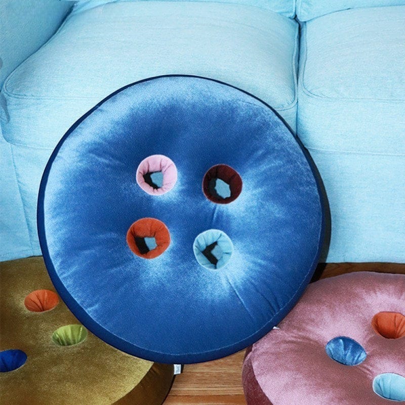 HOMELIVY blue velvet round seat cushion with button design and colorful inserts, 19.7 x 4.72 inches
