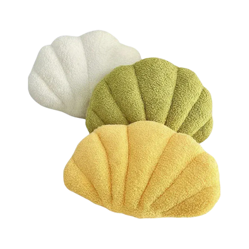 HOMELIVY Bouclé shell shaped cushion in yellow, green, and white. Soft, textured throw pillow for coastal decor.