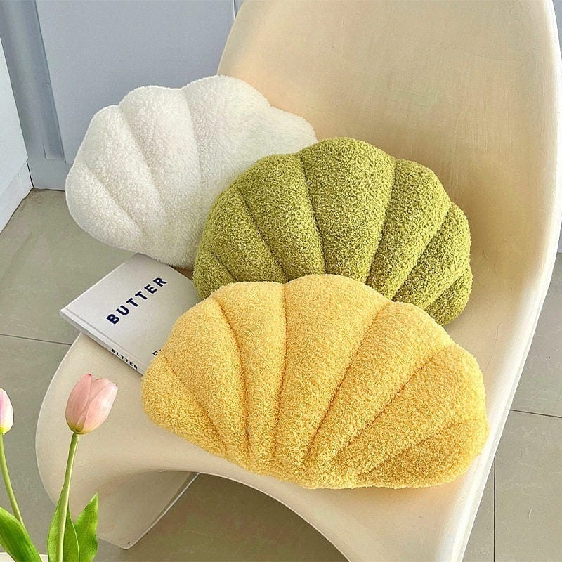 HOMELIVY white, green, and yellow bouclé shell-shaped throw pillows, 35x25cm.