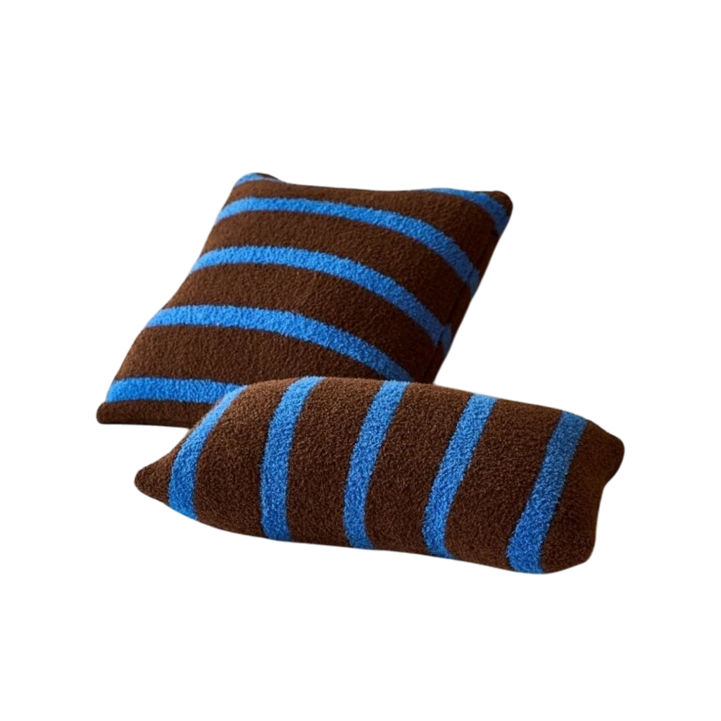 Retro brown and blue striped boucle pillow