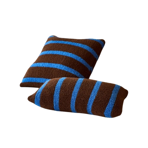 Retro brown and blue striped boucle pillow