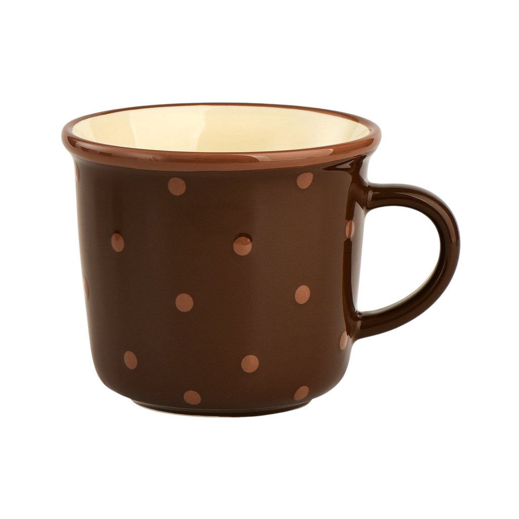 HOMELIVY retro ceramic coffee mug in brown with a playful polka dot pattern and a glossy contrast rim.