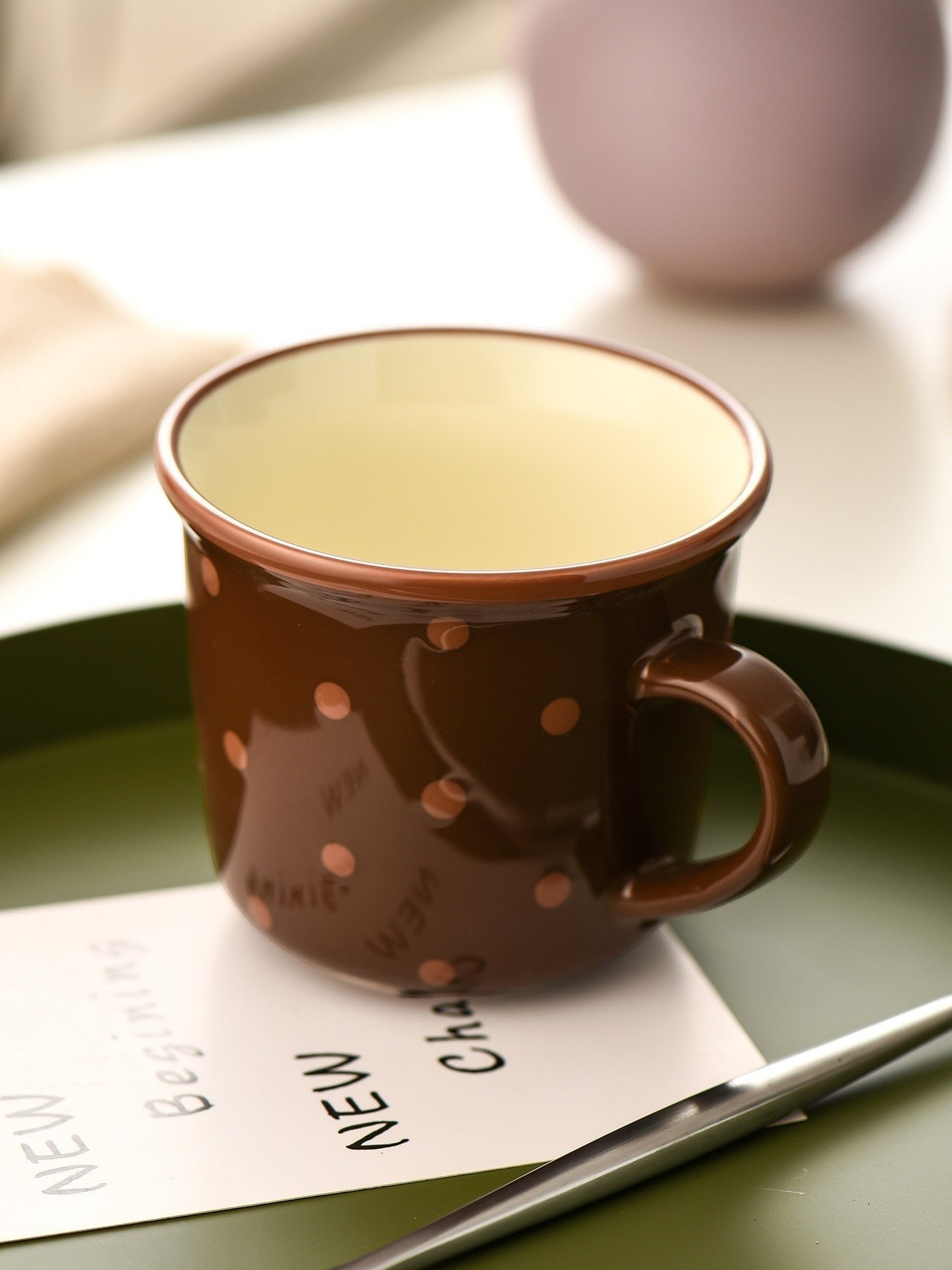 HOMELIVY retro brown ceramic coffee mug with a playful polka dot pattern and a glossy contrast rim.