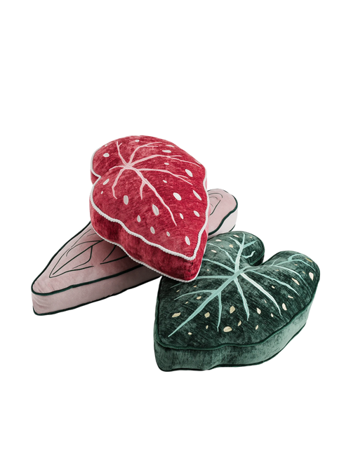 HOMELIVY Caladium leaf shaped pillows in red, pink, and dark green velvet with embroidered details.