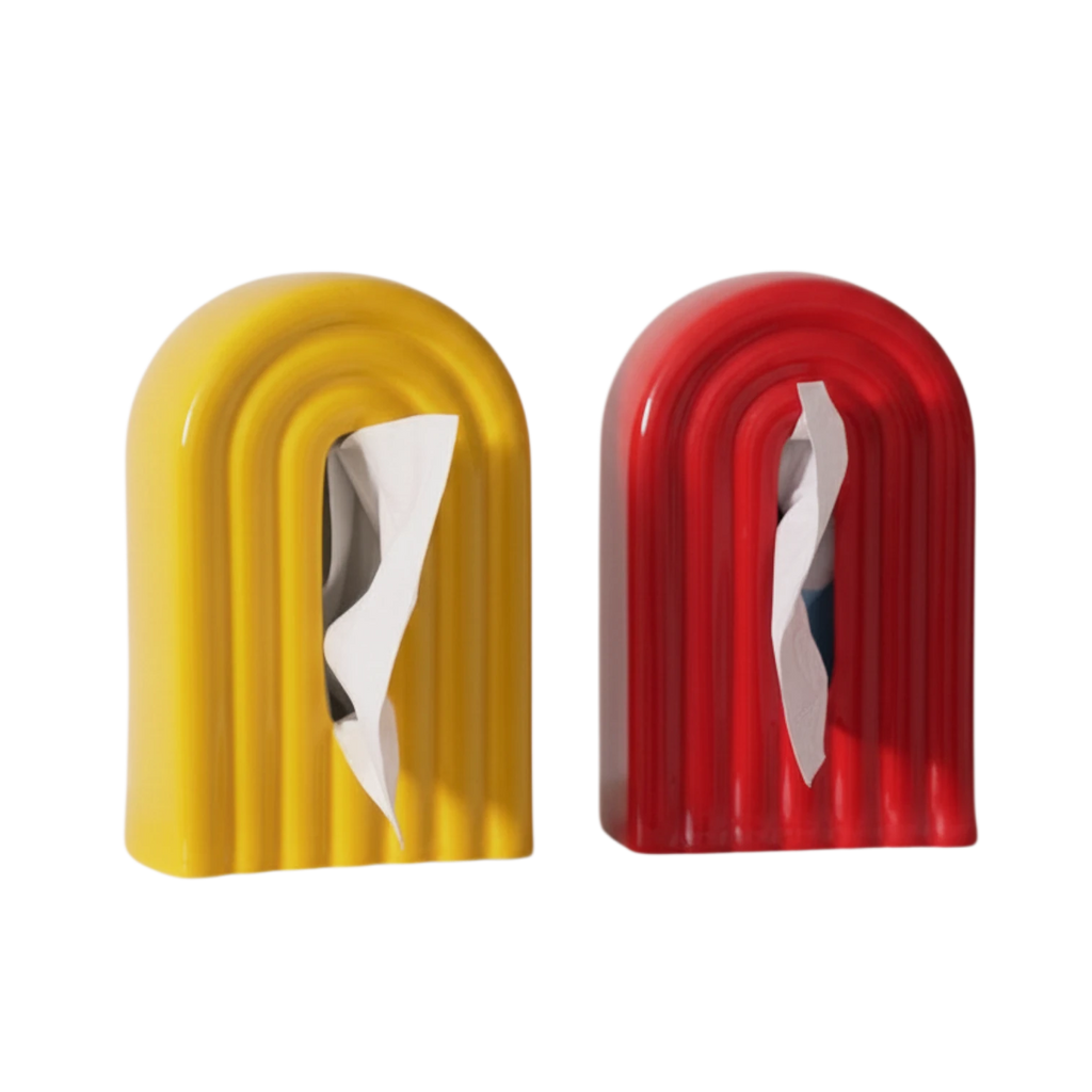 HOMELIVY ceramic arch tissue holders in glossy yellow and red with a ribbed design on a white shelf.