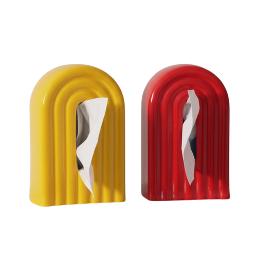 HOMELIVY ceramic arch tissue holders in glossy yellow and red with a ribbed design on a white shelf.