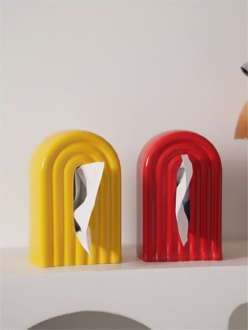 HOMELIVY ceramic arch tissue holders in bright yellow and red with a ribbed design on a white shelf