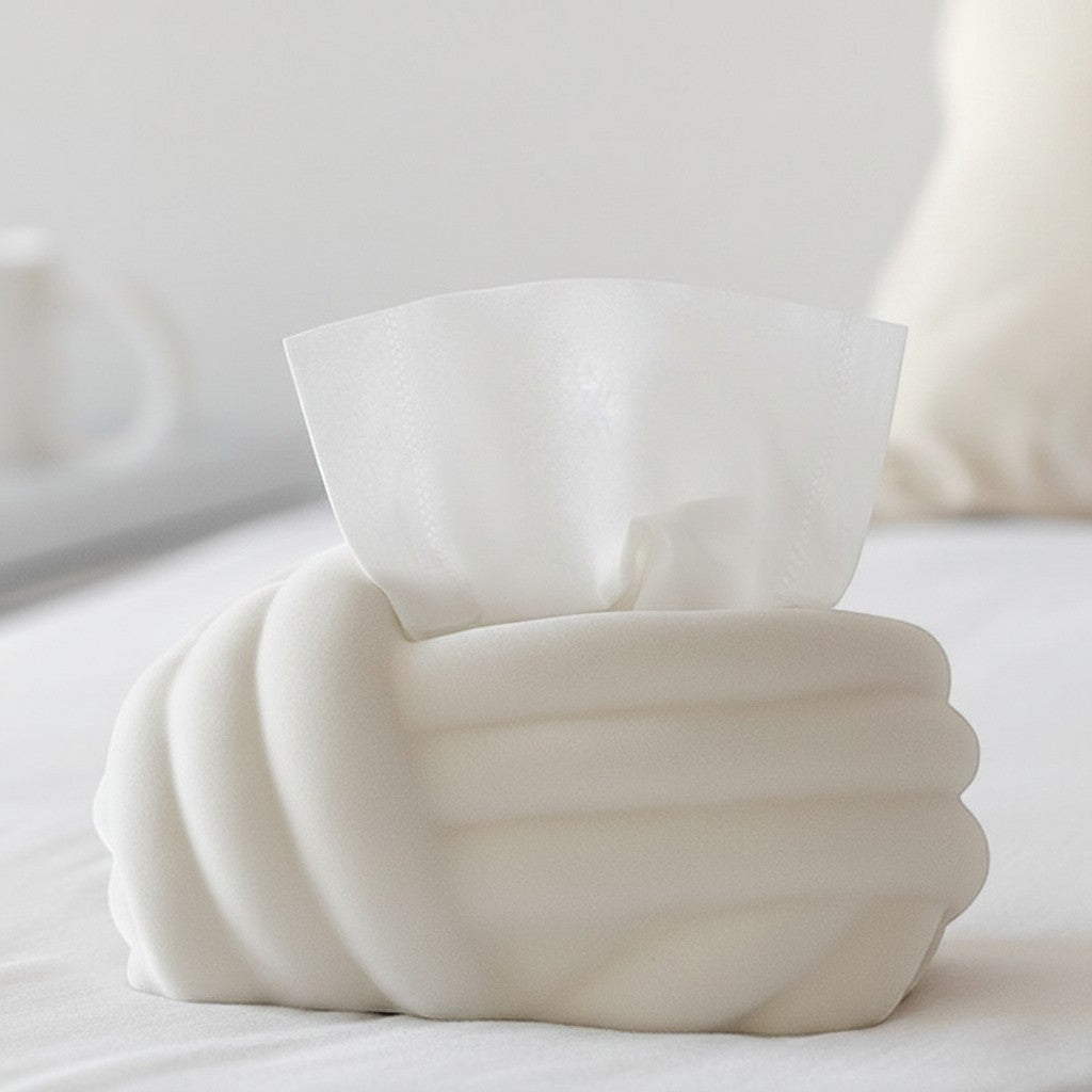 HOMELIVY cream white ceramic tissue box cover with sculptural knot design, hand-finished for elegant decor.