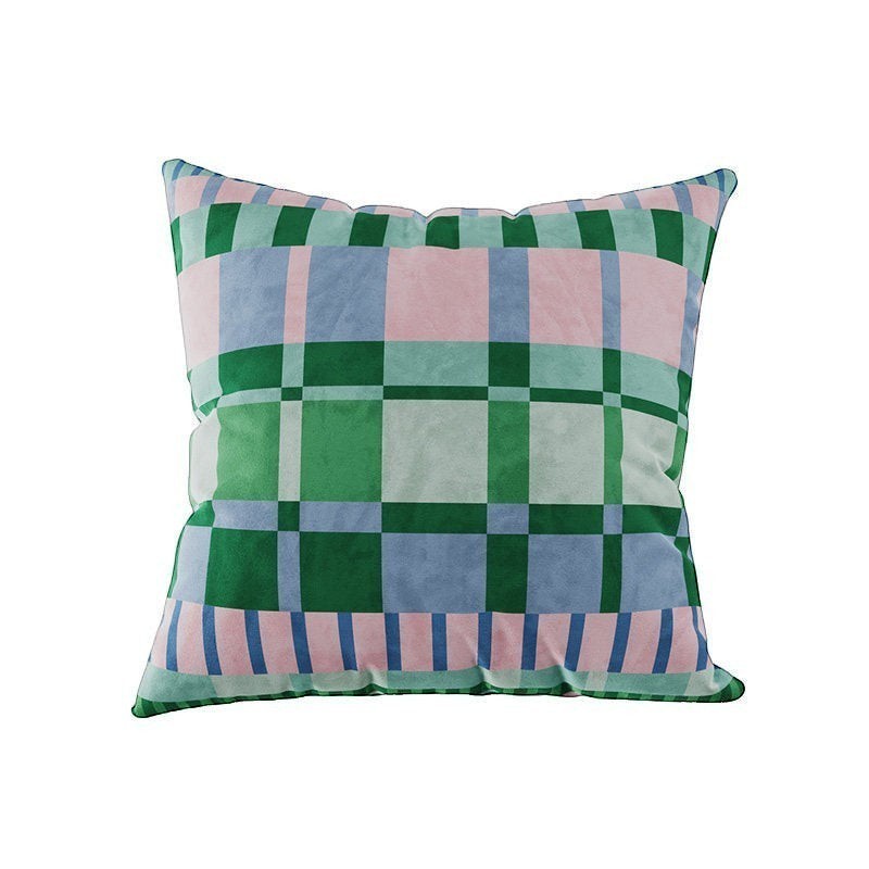 HOMELIVY maximalist throw pillow featuring a multi-colored check and stripe pattern in green, pink, and blue.