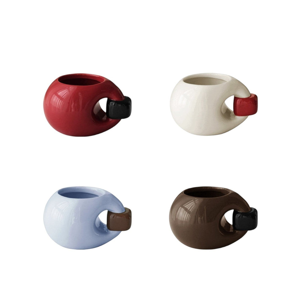 HOMELIVY set of four chunky round ceramic mugs in red, white, light blue, and brown with contrasting square handles.