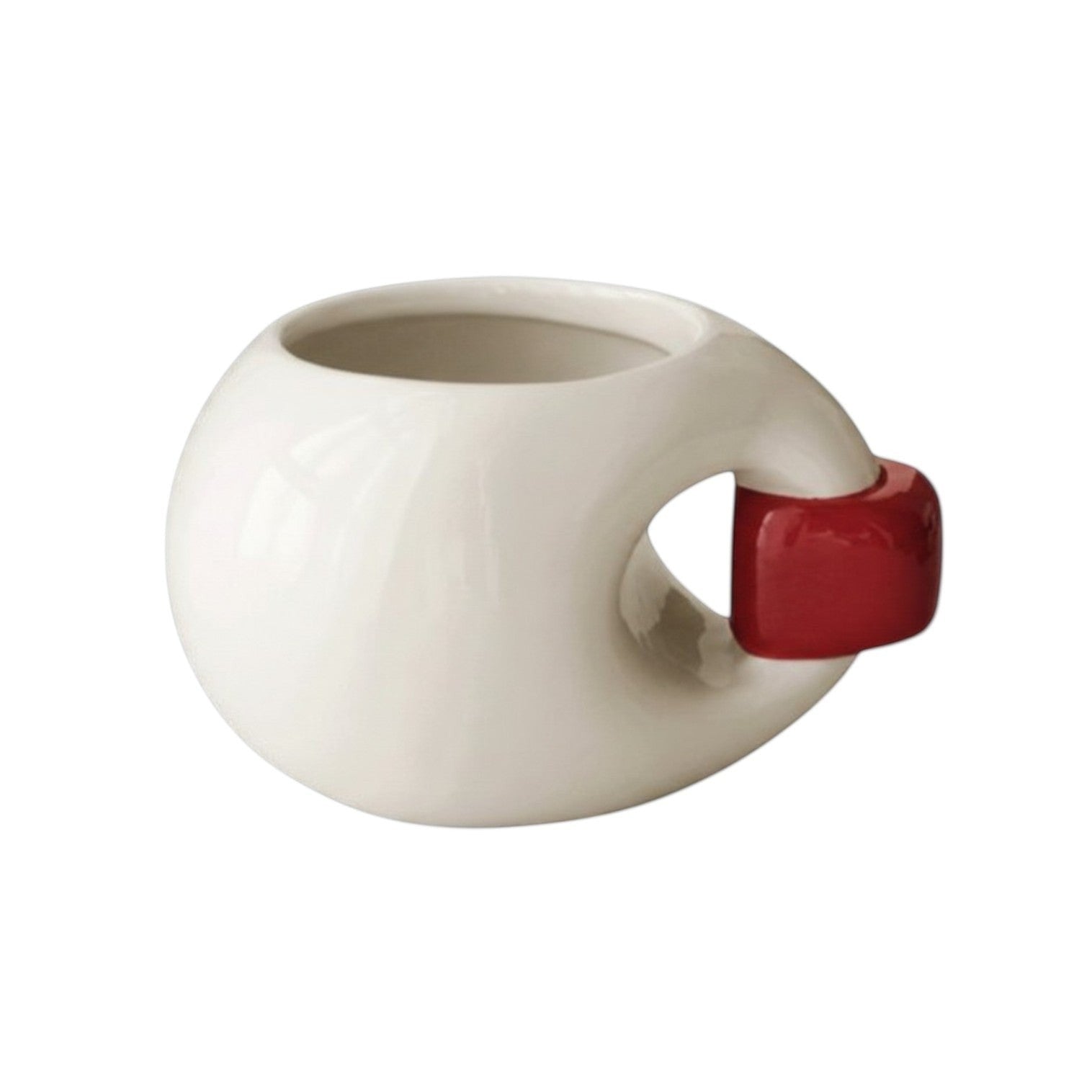 HOMELIVY chunky round ceramic mug in cream with a bold red contrast handle