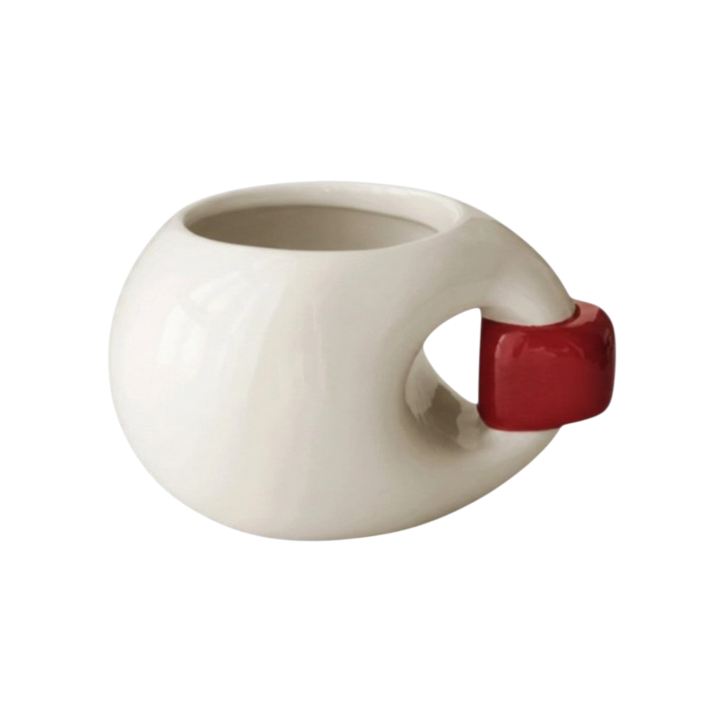 HOMELIVY chunky round ceramic mug in cream with a bold red contrast handle