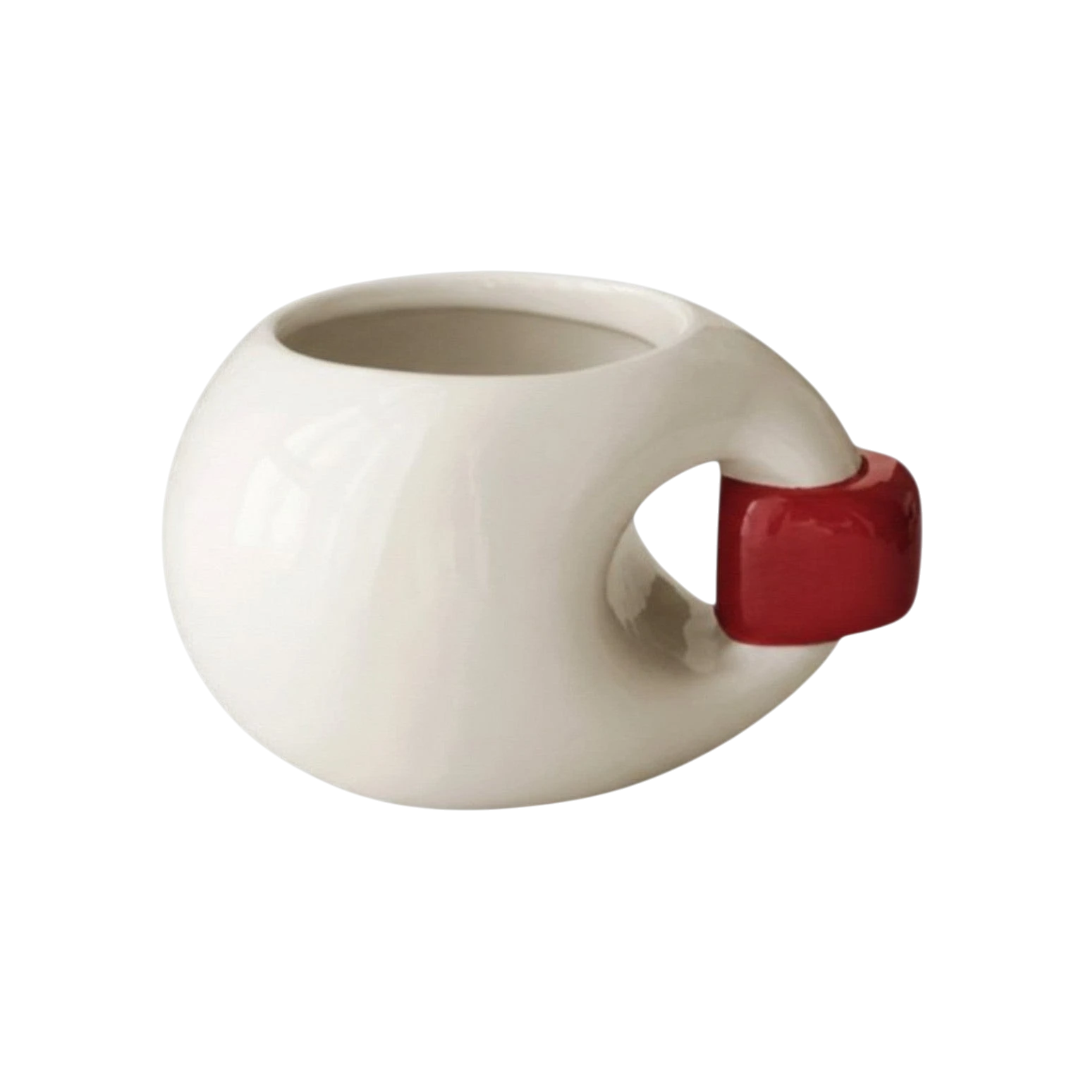 HOMELIVY chunky round ceramic mug in cream with a bold red contrast handle