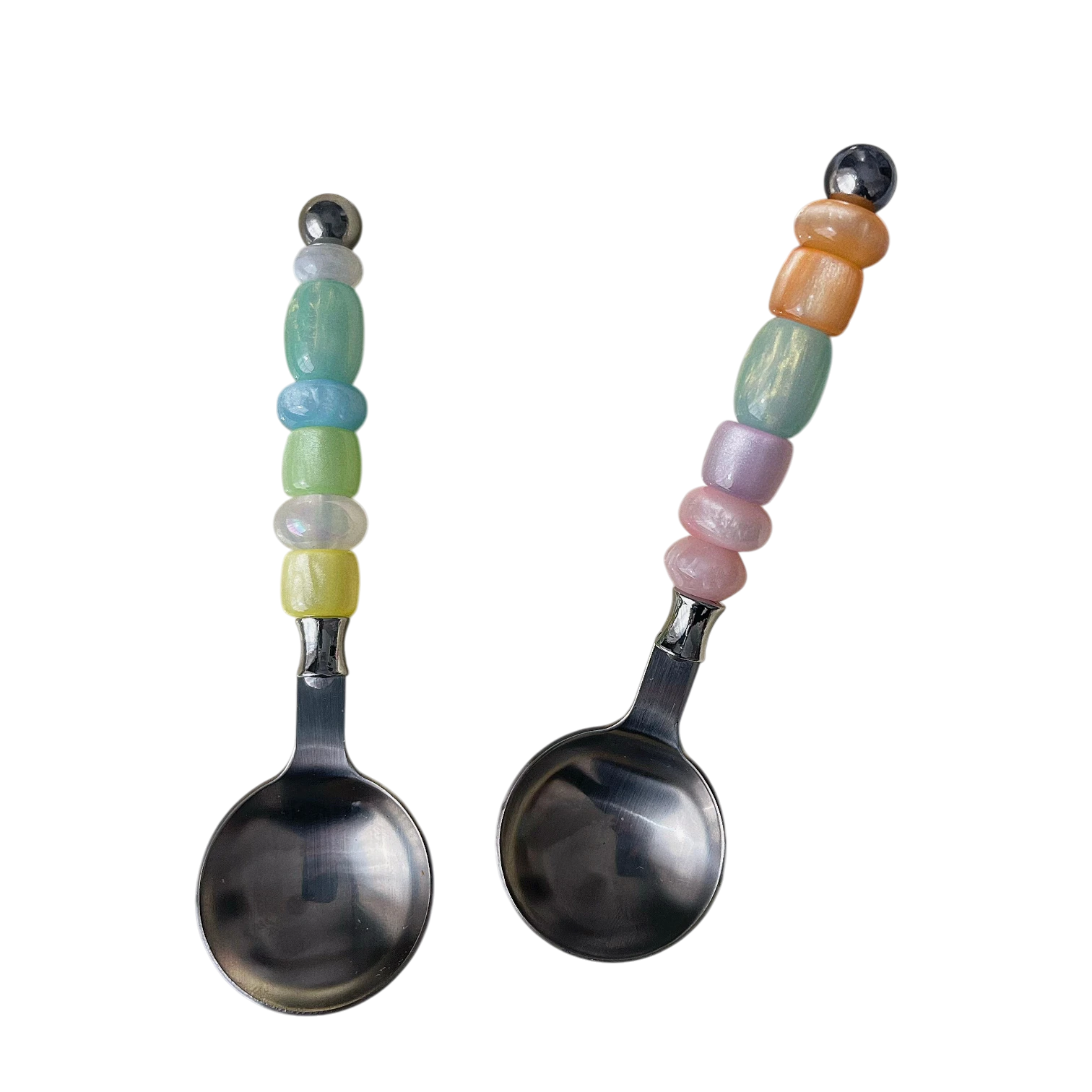 HOMELIVY stainless steel dessert spoons with colorful, iridescent beaded handles in a cute dopamine decor style.