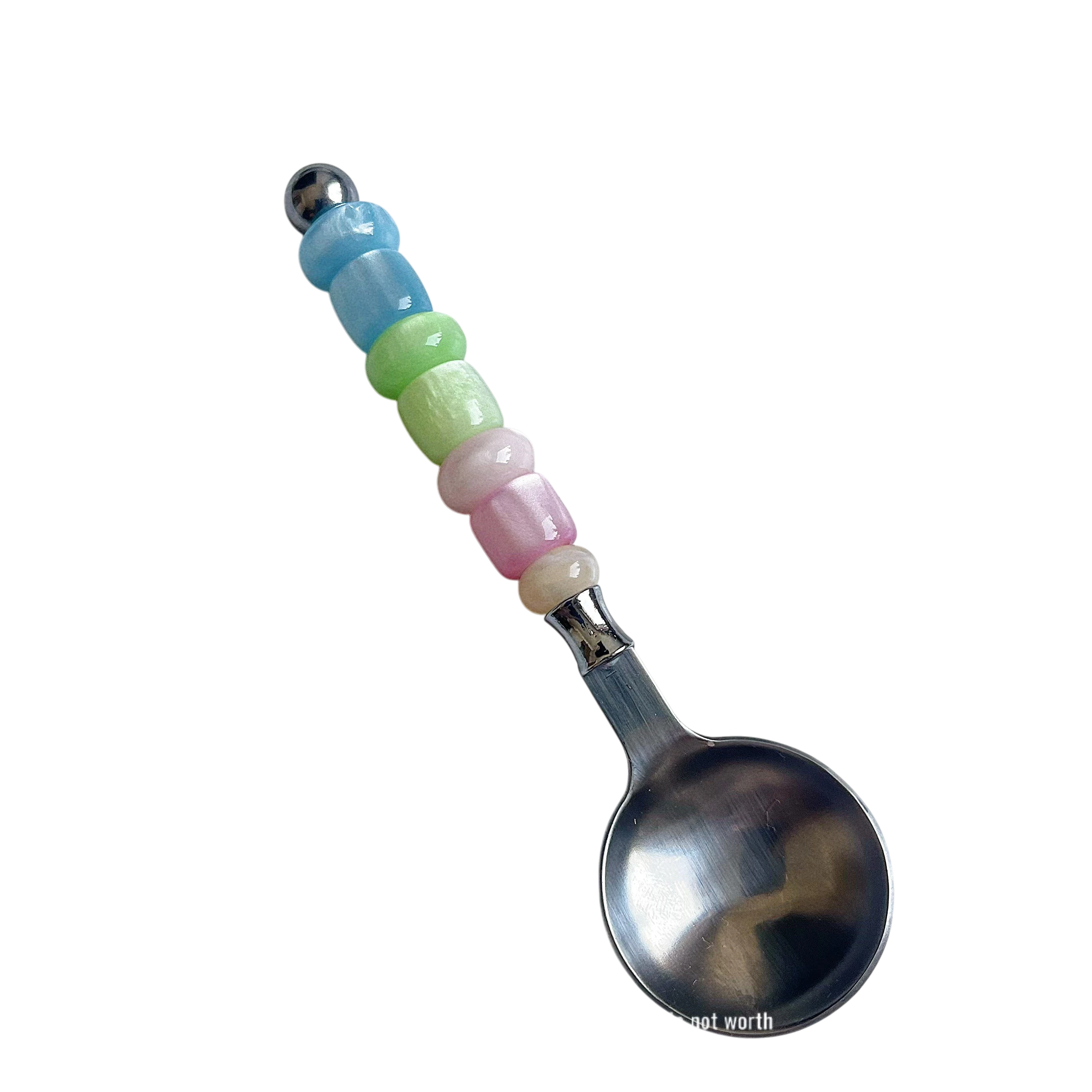 HOMELIVY stainless steel spoon with a decorative handle featuring pastel blue, green, and pink translucent beads.