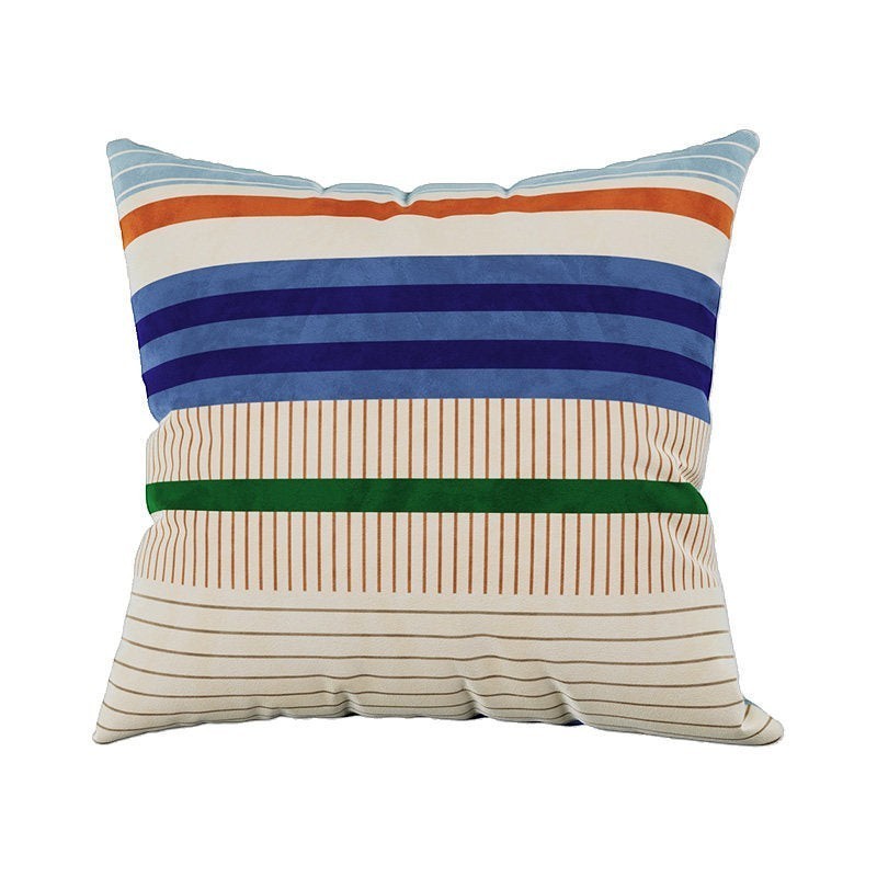 Colour block stripe cushion cover featuring horizontal blue, orange, green, and cream striped patterns.
