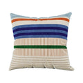 Colour block stripe cushion cover featuring horizontal blue, orange, green, and cream striped patterns.
