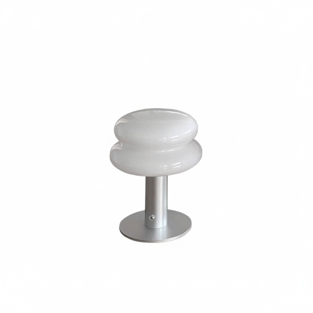 HOMELIVY Creamy white double-bubble glass bedside lamp with silver base, 15cm wide, 21cm high.