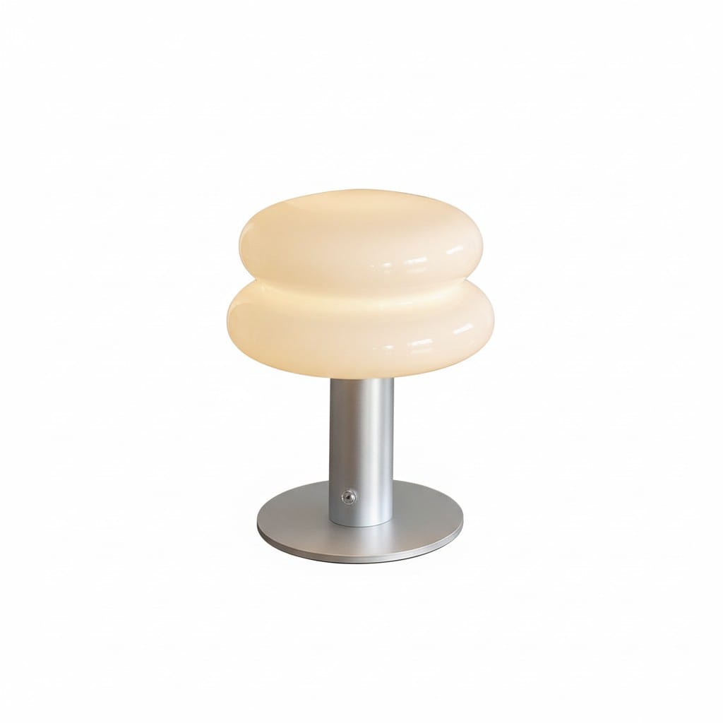 HOMELIVY Creamy white double-bubble glass shade rechargeable bedside lamp with silver base.