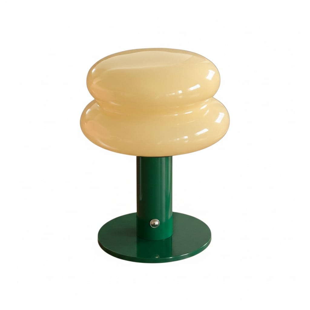 HOMELIVY Creamy wind color rechargeable bedside lamp with stacked, rounded shade and green base.