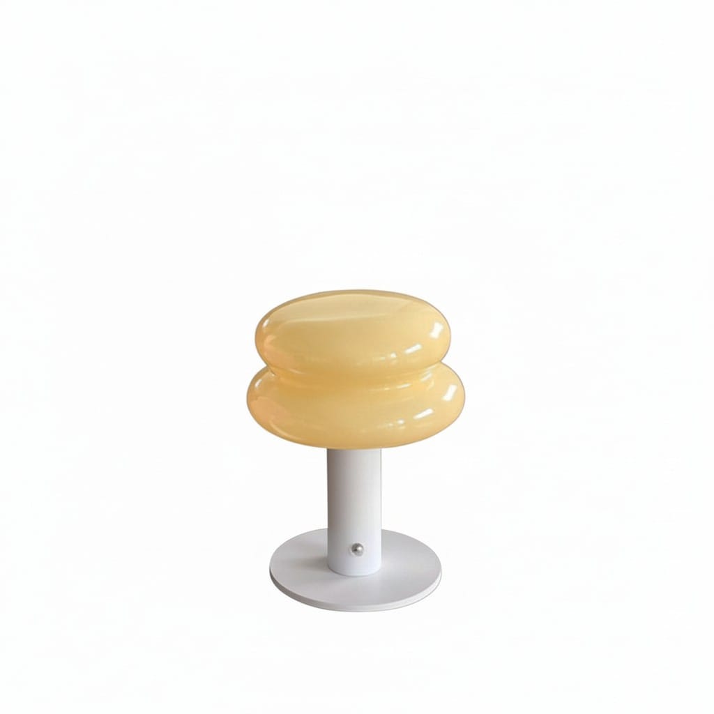 HOMELIVY Creamy yellow double-bubble glass shade bedside table lamp with white base and stem.
