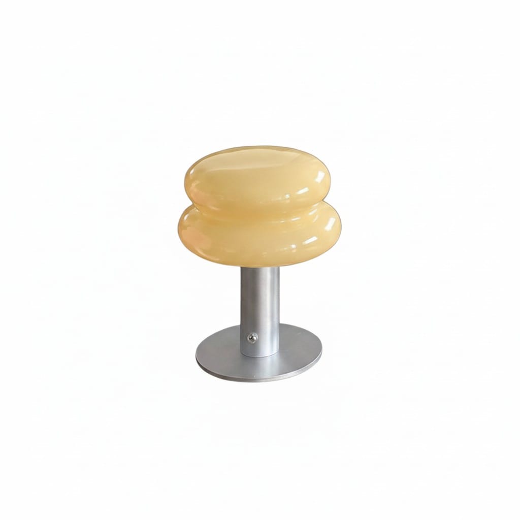 HOMELIVY creamy yellow double-bubble glass shade bedside table lamp with silver base
