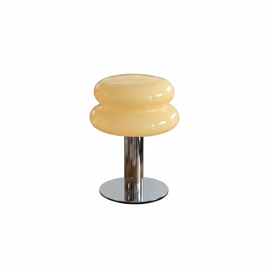 HOMELIVY creamy yellow glass bedside table lamp with chrome base, 21cm height, 15cm width.