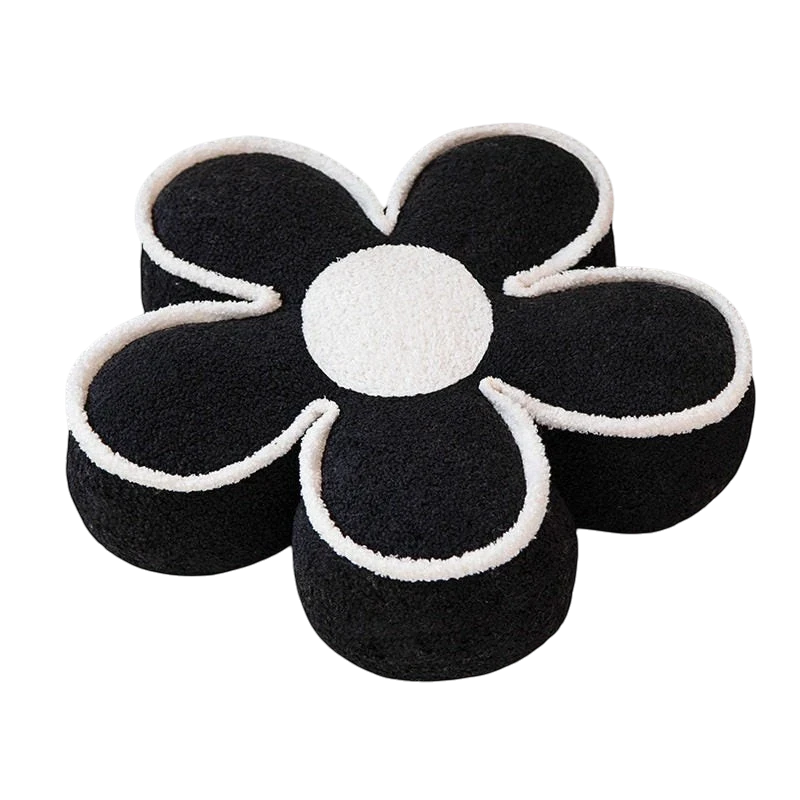 HOMELIVY black and white daisy flower shaped pouf pillow with soft textured fabric for decorative home seating.