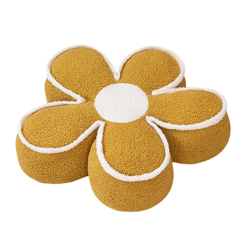 HOMELIVY mustard yellow daisy flower shaped pouf pillow with white center and soft textured fabric.