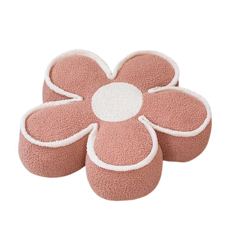 HOMELIVY daisy flower shaped pouf pillow in dusty pink and white textured sherpa fabric for decorative seating.