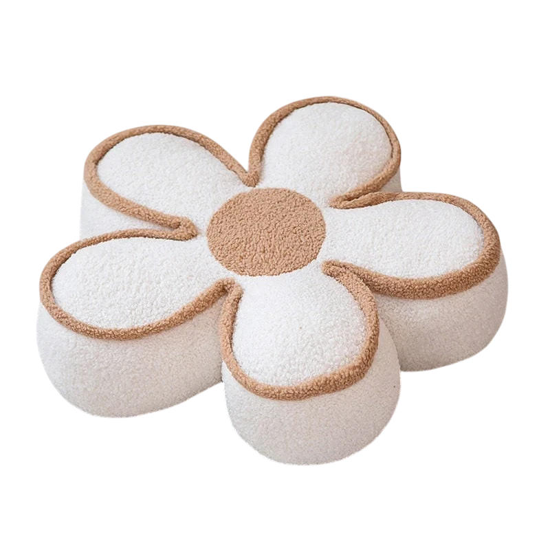 HOMELIVY daisy flower shaped pouf pillow in white and tan plush fabric for decorative home seating.