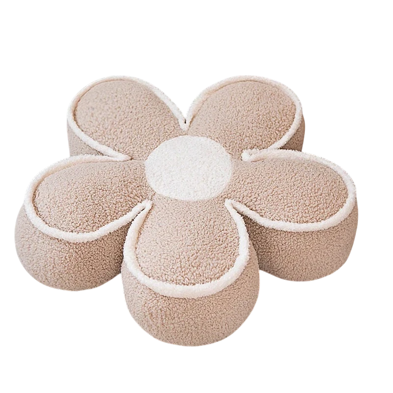 HOMELIVY beige daisy flower shaped pouf pillow made of soft textured plush fabric with a white center.