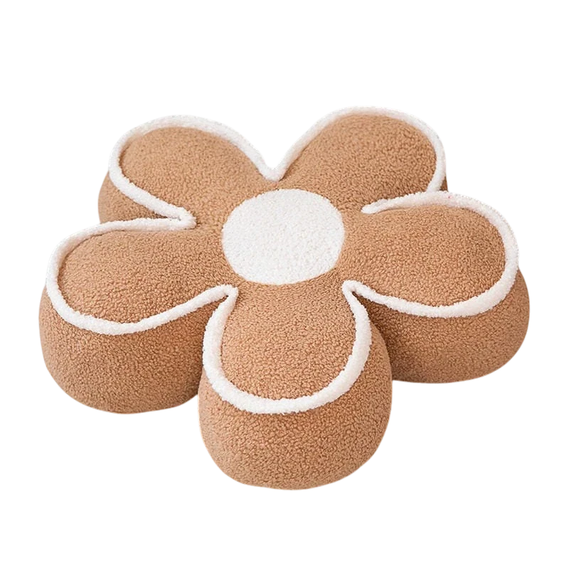 HOMELIVY brown and white daisy flower shaped pouf pillow made of soft textured plush fabric for home decor.