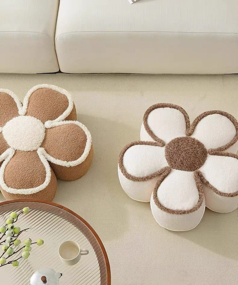 HOMELIVY daisy flower shaped pouf pillows in brown and cream plush fabric for cozy floor seating.