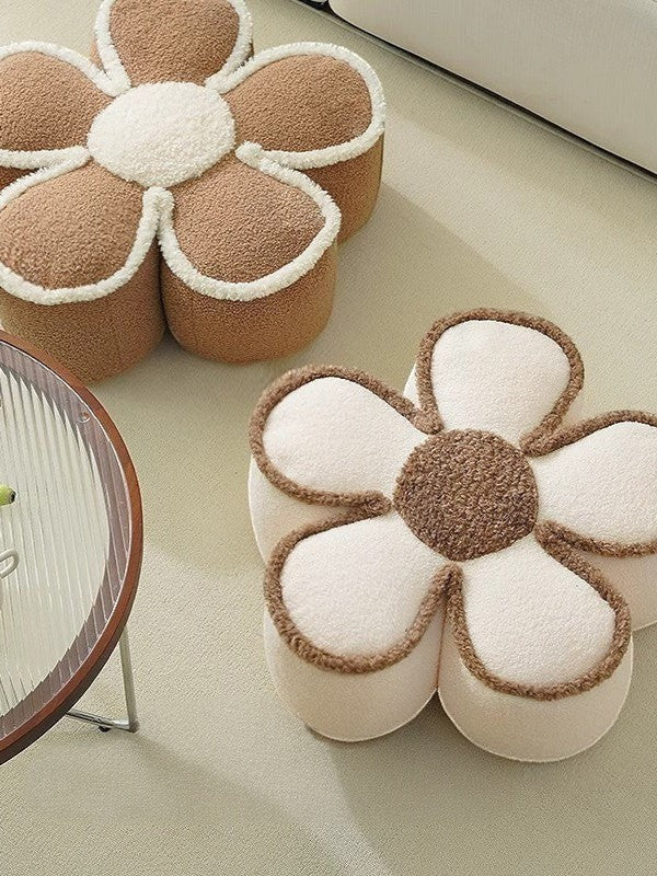 HOMELIVY daisy flower shaped pouf pillows in brown and cream textured sherpa fabric for cozy living room decor.