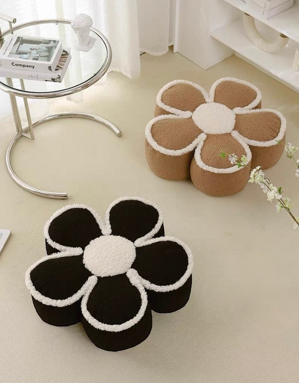 HOMELIVY daisy flower shaped pouf pillows in brown and black with white sherpa trim for cozy floor seating.